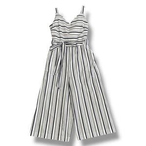 ELLE Women’s Striped Jumpsuit L Navy White Belted Wide Leg Cropped Summer Outfit
